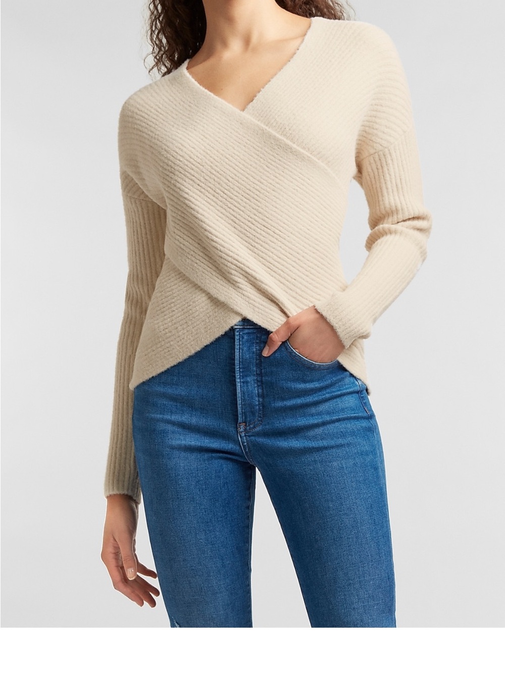 Express Cream Wrap V-Neck Ribbed Sweater
